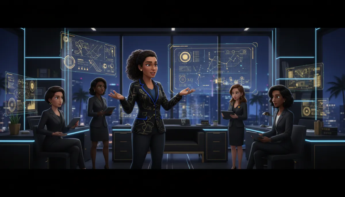 professional animated women using technology in a sleek Miami high-rise office at night, black and charcoal interior with gold and electric blue accents, holographic dashboards floating around a confident Latina entrepreneur leading a small group of women founders