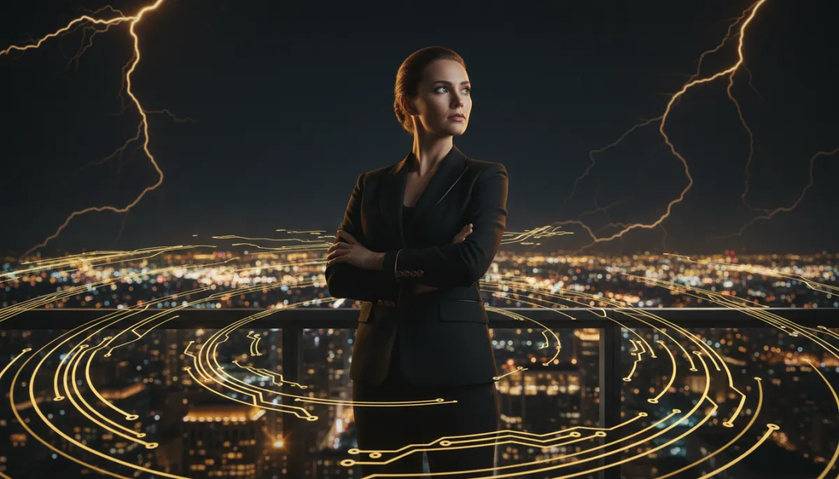 DARK EDITORIAL style scene of a confident woman entrepreneur standing on a high-rise balcony at night, city lights glowing below, black and charcoal sky with deep and electric gold streaks, subtle animated light trails forming AI circuit patterns around her, bold cinematic lighting