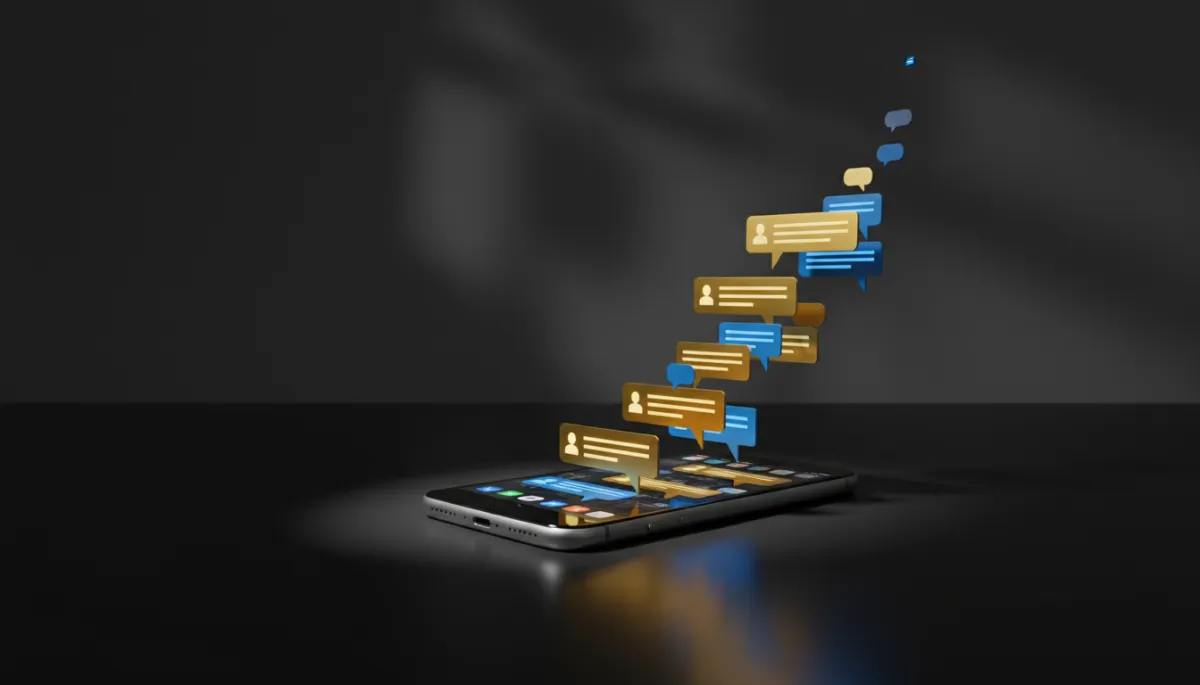 bold dark editorial shot of a smartphone on a black desk, screen glowing with stacked social media DM notifications turning into gold and electric blue chat bubbles, moody charcoal background, high contrast lighting, no purple, no space theme