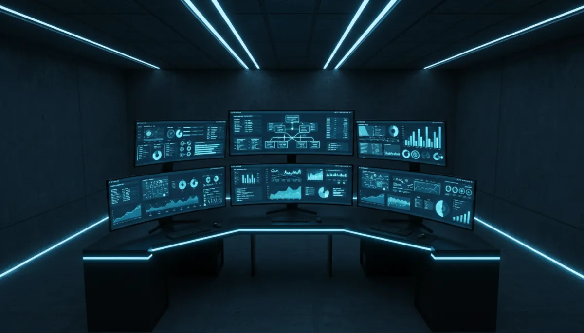 dark editorial top-down view of a sleek business command center with multiple ultra-wide monitors showing CRM dashboards, automation workflows, lead pipelines, and analytics charts, illuminated by electric blue and cyan accent lighting against a charcoal black room, serious Dan Kennedy style war room, photorealistic editorial