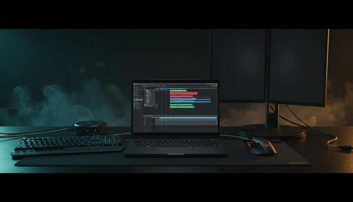editorial style, bold dark desktop setup with a laptop showing a video editing timeline on screen, dramatic teal and warm gold accent lighting against a deep black charcoal background, cinematic close-up composition, looks like a professional studio without any crew, no human faces, no purple tones