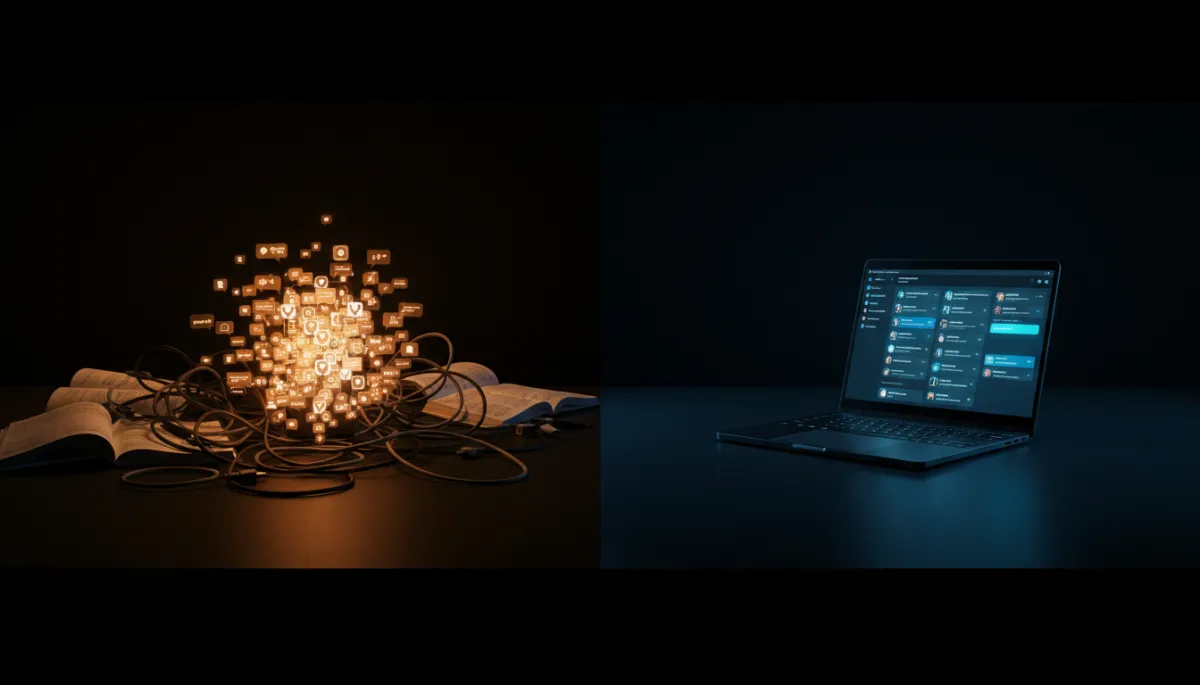 editorial split mood shot, left side a chaotic cluttered desk with scattered notebooks, tangled charging cables, and a smartphone overflowing with notification bubbles glowing warm amber and orange, right side a clean minimal black desk with a single laptop showing a calm blue-cyan interface of organized DMs, all set against a deep black background with high contrast lighting, no human faces, no purple, no galactic elements