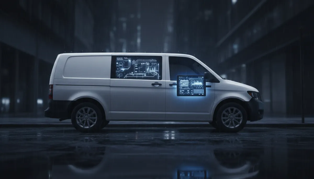 photorealistic sleek white HVAC service van parked on a dark city street at night, dramatic glow from a tablet inside the van showing an AI booking dashboard and call logs, deep charcoal background with electric blue and silver accent lighting, cinematic side-angle composition, no people visible