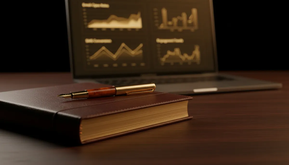editorial close-up of a leather-bound journal and premium pen on a dark mahogany desk, in the background a softly glowing laptop screen shows email and SMS nurture metrics dashboards, deep gold and amber accent lighting, moody and exclusive insider atmosphere, no faces visible