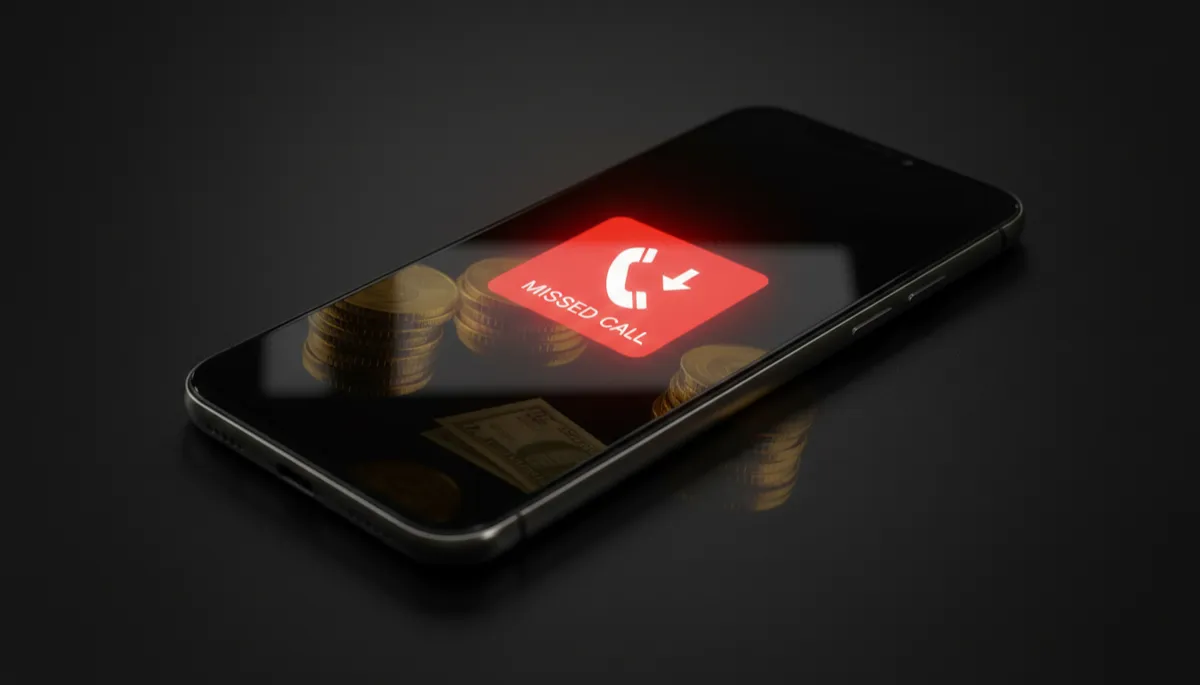 dark editorial close-up of a smartphone on a black desk, harsh red 'Missed Call' notification glowing on the screen, subtle gold reflections suggesting money at stake, high-contrast lighting, no faces, no purple tones