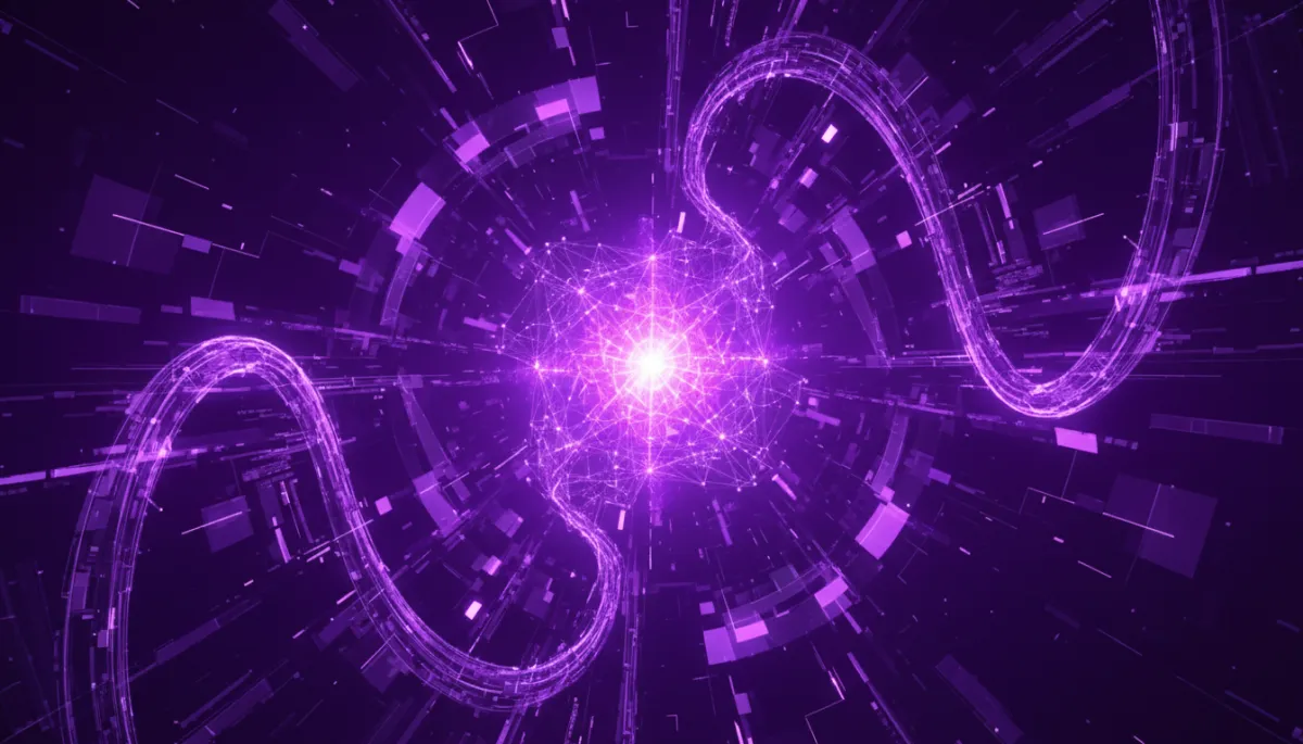 Abstract tech scene in deep purple and electric violet, swirling digital data streams and geometric patterns converging into a glowing neural network core, cinematic lighting, ultra high-definition, no humans, consistent abstract tech style