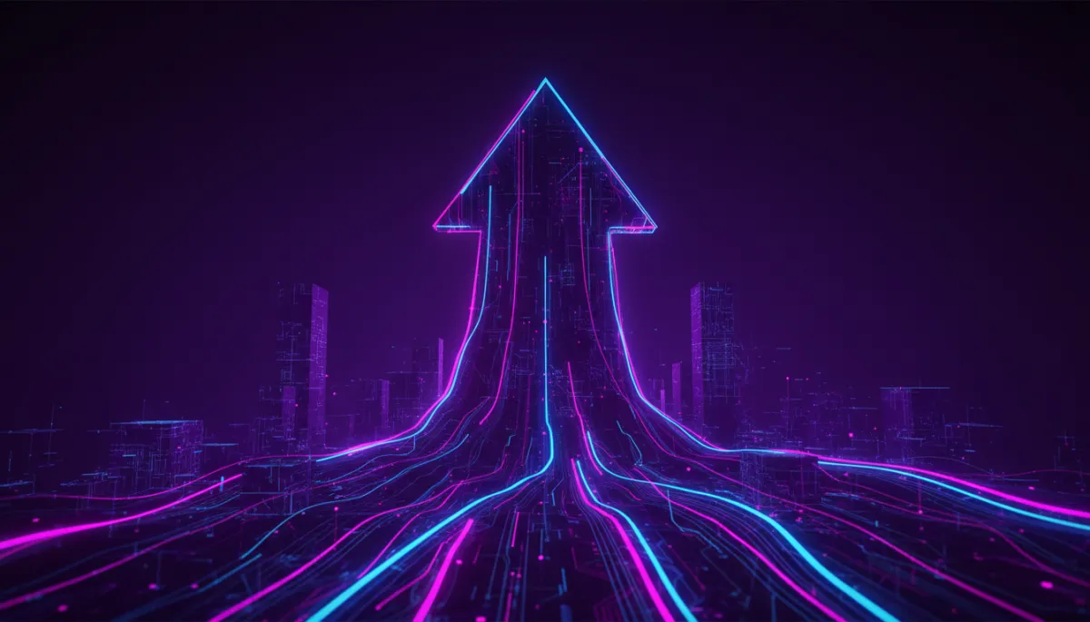 Abstract tech and digital geometric flow visuals in deep purple and electric violet indigo