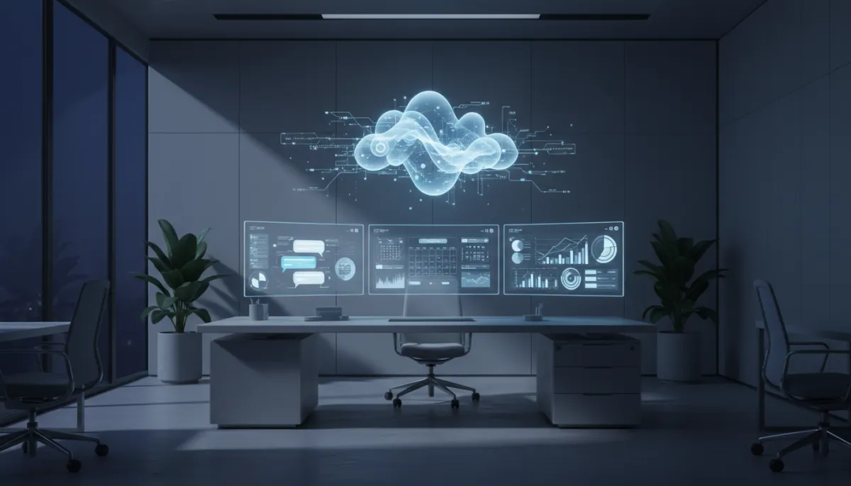 photorealistic neutral-color futuristic small business office at night, glowing conversational AI interface floating above a desk with multiple screens showing chat bubbles, calendars, and analytics dashboards, no humans, high-contrast lighting