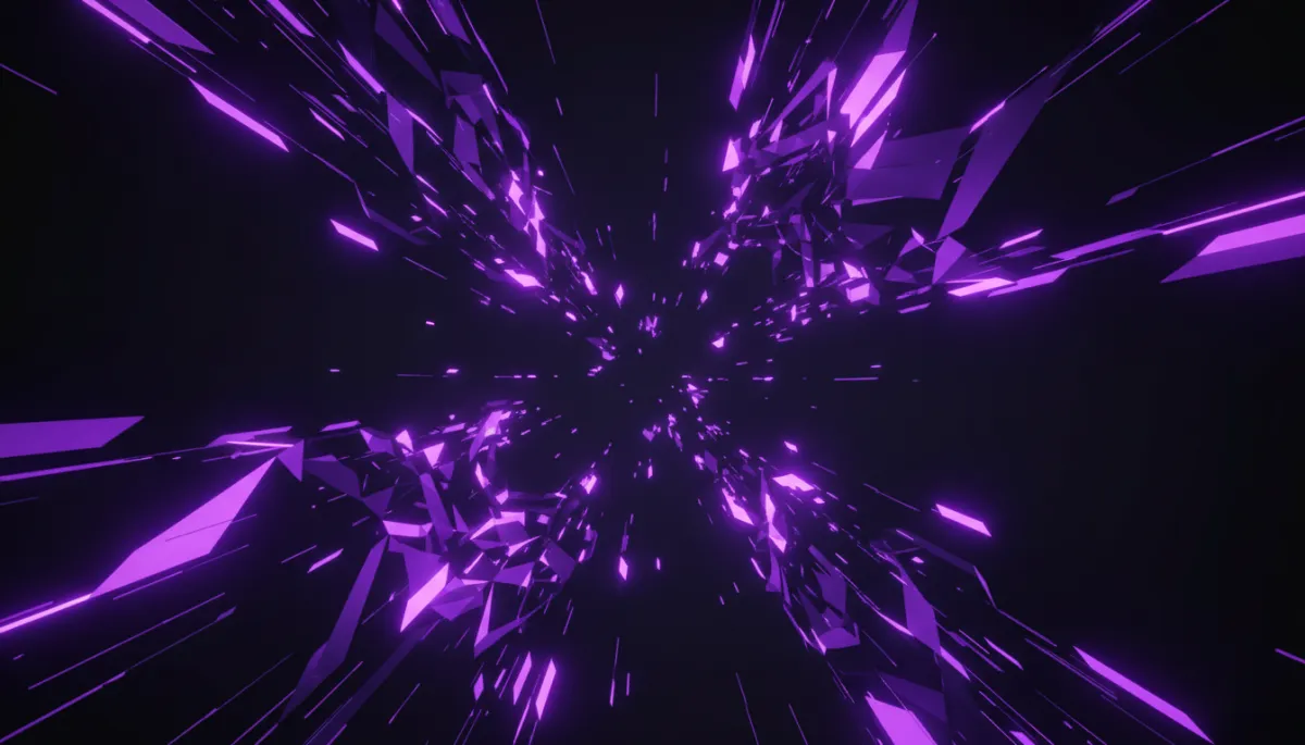 abstract digital energy flow in deep purple and electric indigo, geometric shapes and glowing data streams weaving across a dark background, premium abstract style, no humans, no text