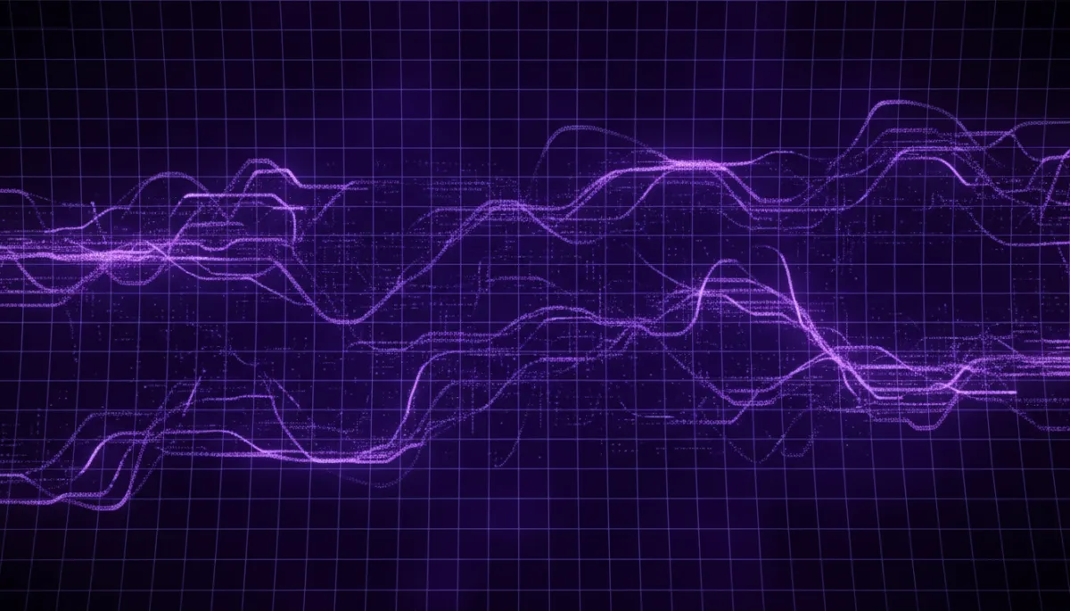 abstract deep purple and indigo neural network grid with glowing electric violet data streams weaving through nodes, high-contrast futuristic tech aesthetic, no humans, agency-level 3D render