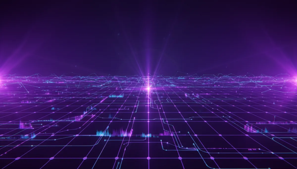 abstract tech/digital/geometric/energy flow visuals in deep purple and electric violet, glowing neural network grid stretching into the distance with data streams and energy fields, premium agency-level cinematic lighting