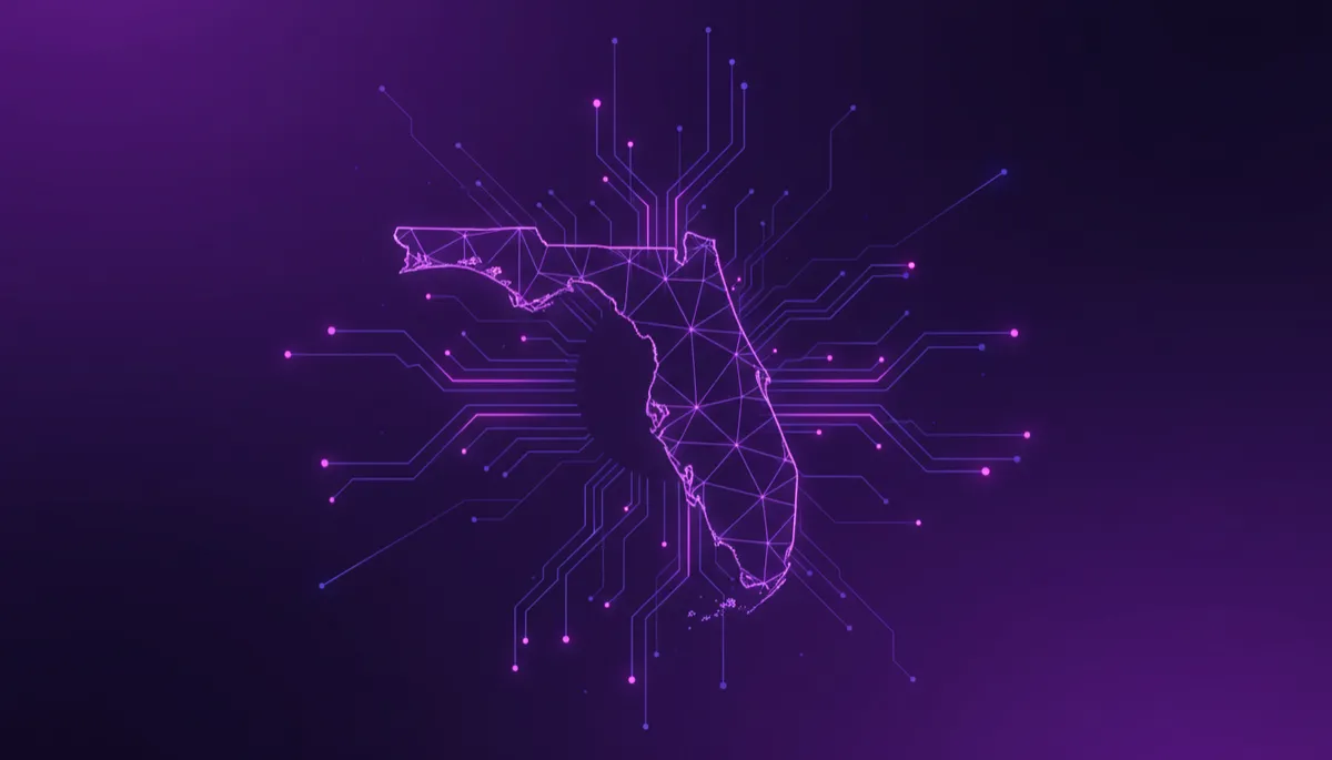 abstract digital art in deep purple and electric violet, glowing geometric data streams forming circuit-like patterns over a stylized Florida peninsula outline, neon lines suggesting automation and AI intelligence