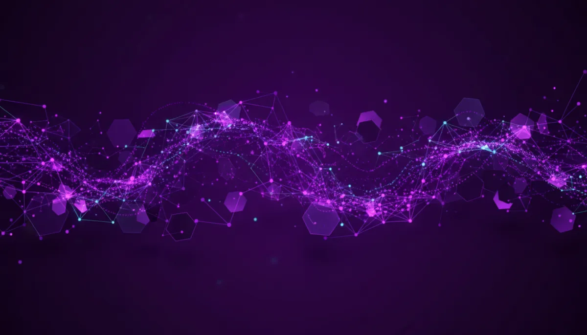 swirling electric violet data streams and geometric neural network nodes on deep purple background, abstract tech digital flow visualization, cinematic lighting