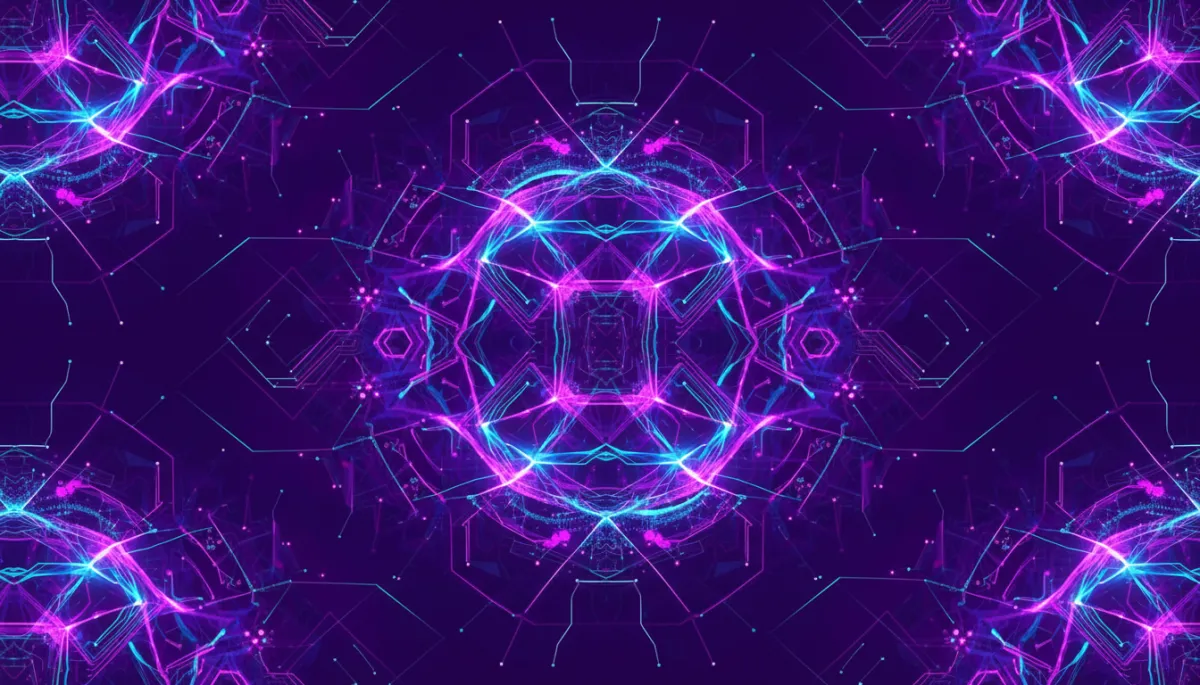 abstract digital/geometric/flow visual, abstract tech/neural-network/data-flow visual in deep purple and electric violet/indigo, no humans, premium agency-level style, evoking AI power and digital transformation