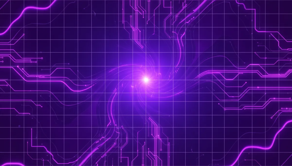 abstract, tech-forward, digital geometric grid of glowing violet and deep purple data streams converging into a bright central vortex, neon circuit aesthetics and liquid fractal patterns, no text, no humans
