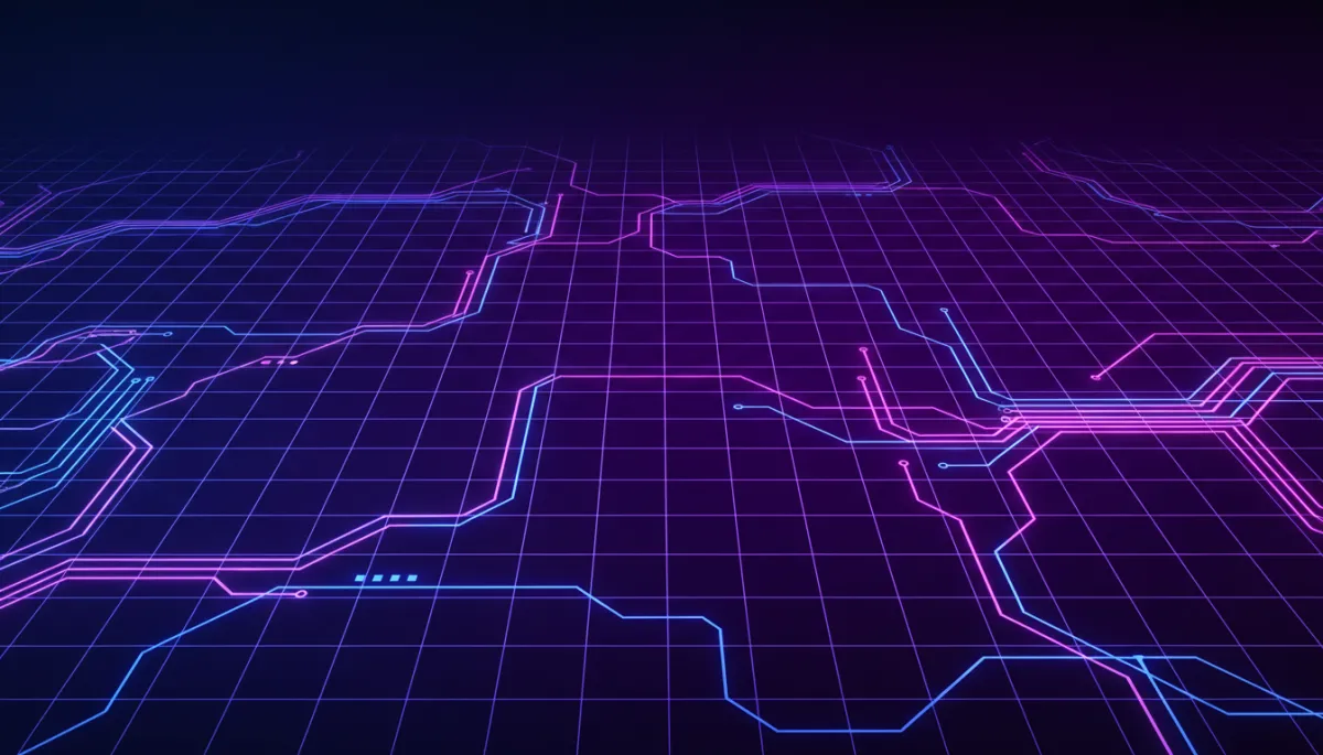 deep purple and electric violet abstract tech digital geometric grid with flowing neon lines and circuit patterns, dark background, premium agency-level style, no humans, no faces