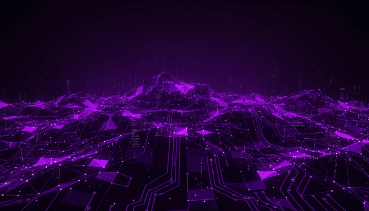 Abstract deep purple and electric violet neural network with geometric data streams and glowing circuit patterns
