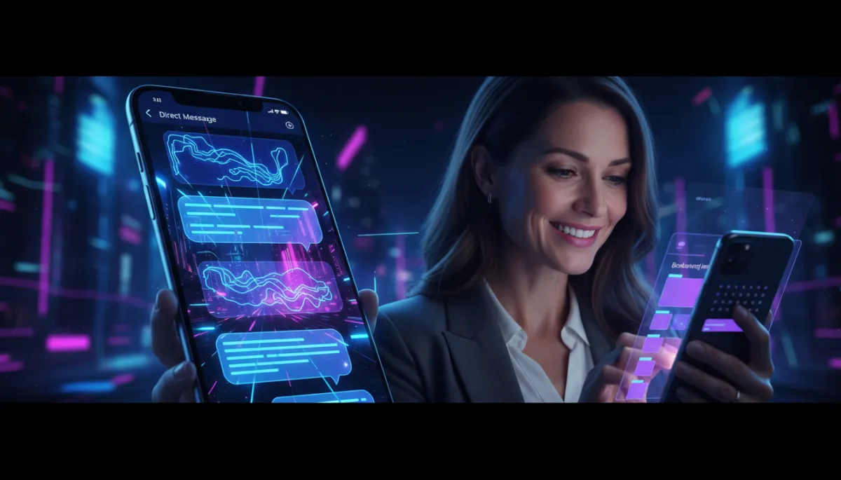 split-screen smartphone showing AI DM chat bubbles on one side and a happy local business owner reviewing booked appointments on the other, photorealistic modern digital art, futuristic dark backgrounds, vibrant blue and purple neon accents, nighttime urban neon setting