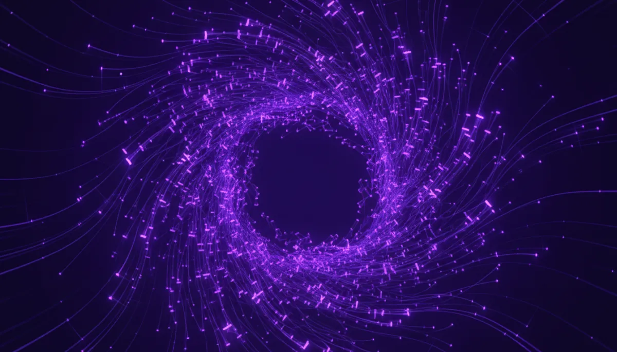 abstract digital/tech/geometric visual in deep purple and electric violet, flowing data streams and glowing geometric nodes forming a vortex, premium agency-level quality, no humans, no text