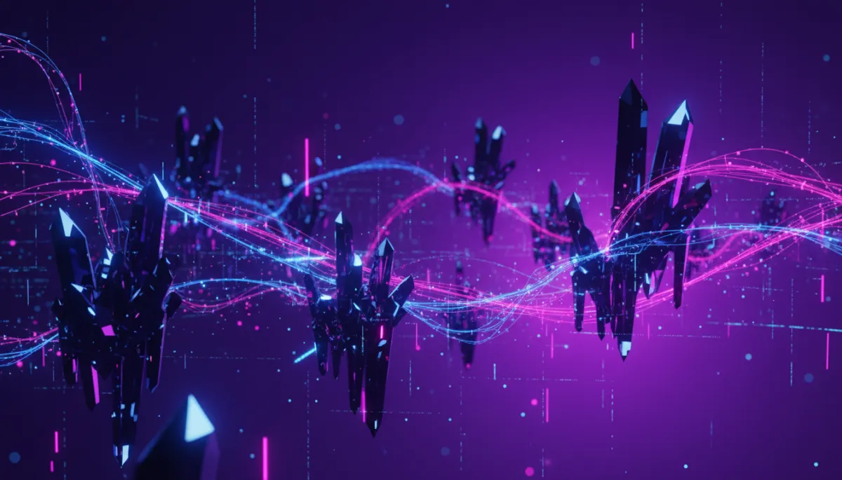 abstract digital geometric tech flow in deep purple and electric violet, glowing neural network strands and data streams weaving through sharp crystalline lattices, cinematic lighting, ultra-premium agency style