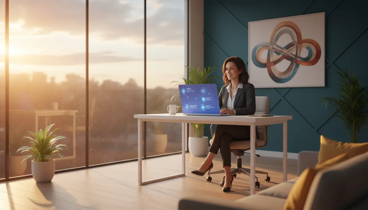 photorealistic wide shot of a cozy modern local business office at golden hour, warm orange and gold sunlight streaming through windows, owner smiling while looking at a laptop showing an AI voice booking dashboard with incoming calls and appointments, subtle cool blue and purple interface accents, optimistic futuristic feel with clean minimal decor and vibrant colors