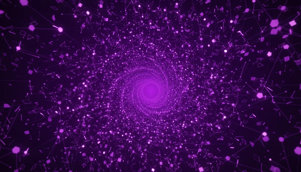 abstract geometric deep purple and electric violet digital vortex of data streams and glowing nodes forming a tunnel, premium agency-style, no humans, dark futuristic high-contrast tech aesthetic