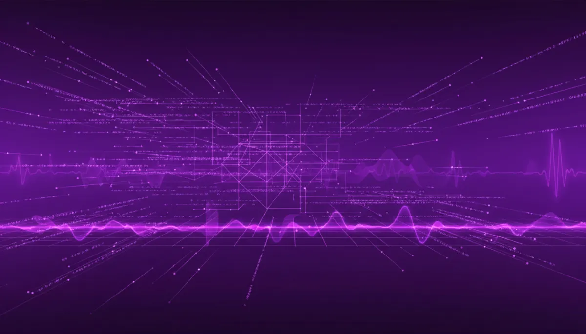 wide abstract technology banner in deep purple and electric violet with flowing data streams, glowing geometric grids, and dynamic waveforms suggesting AI-powered momentum and speed