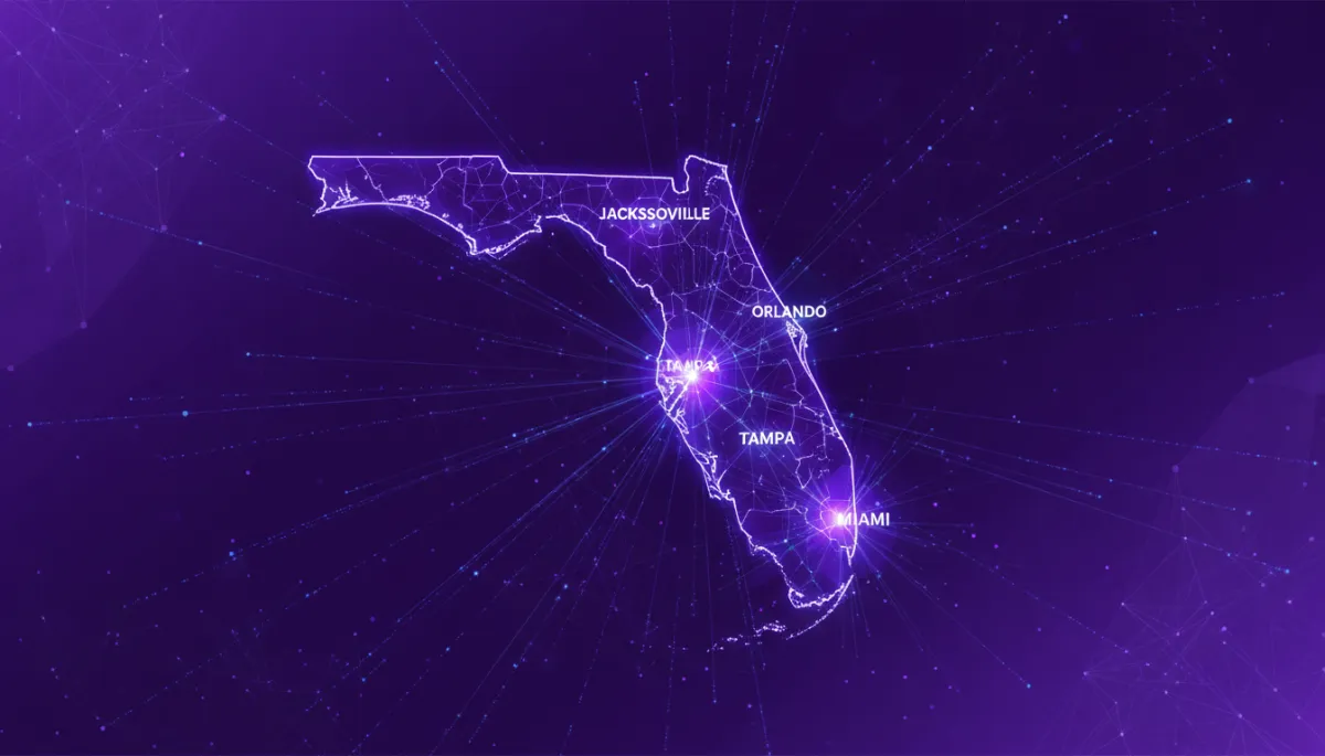 abstract, digital, tech, geometric, data-flow visuals in deep purple and electric violet; glowing neural network lines flowing across a stylized Florida peninsula outline, with data streams converging toward major cities like Miami, Tampa, Orlando, and Jacksonville