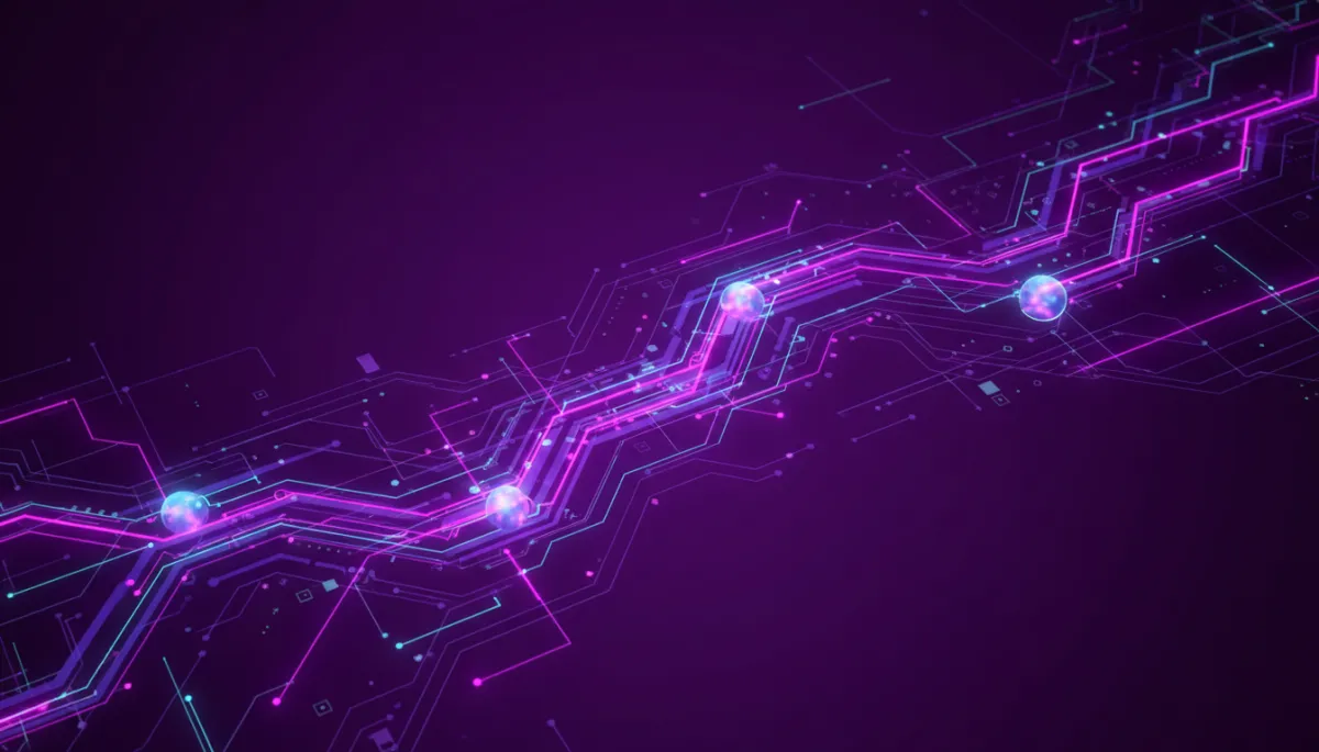 Abstract deep purple background with electric violet and indigo flowing data streams and glowing neural network nodes