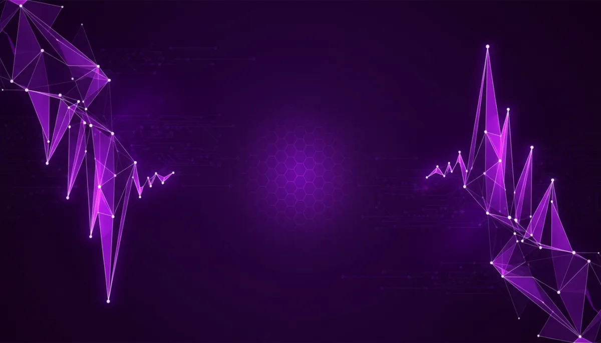 abstract digital/tech/geometric/flow visuals in deep purple and electric violet indigo, sharp angular lines forming a collapsing waveform on one side and a rising signal on the other, subtle overlay space for bold headline text in center
