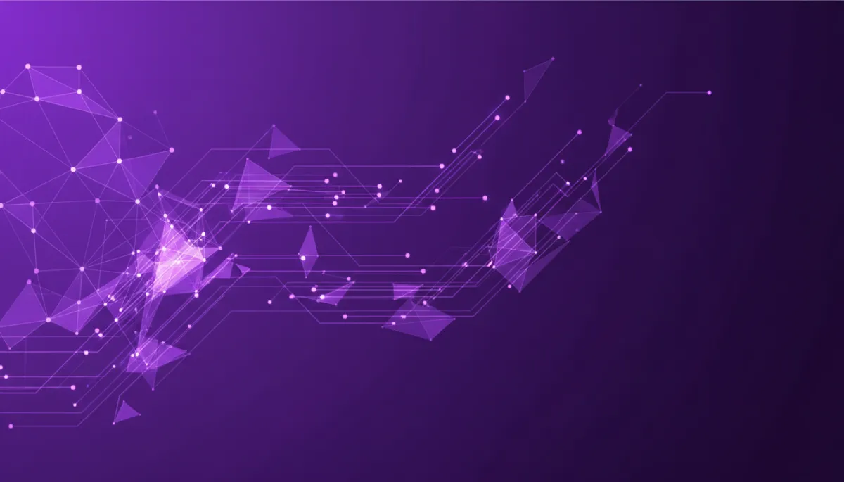 abstract digital geometric tech visual in deep purple and electric violet indigo palette, glowing neural network nodes and flowing data streams forming a subtle split path, premium agency-level style, 16:9 aspect ratio