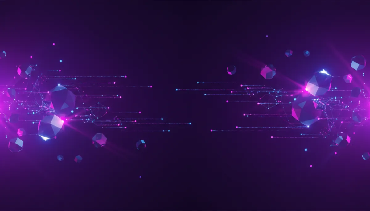abstract geometric tech, no humans, electric violet and deep purple gradient with glowing neural network nodes and data streams, cinematic lighting, 16:9 format
