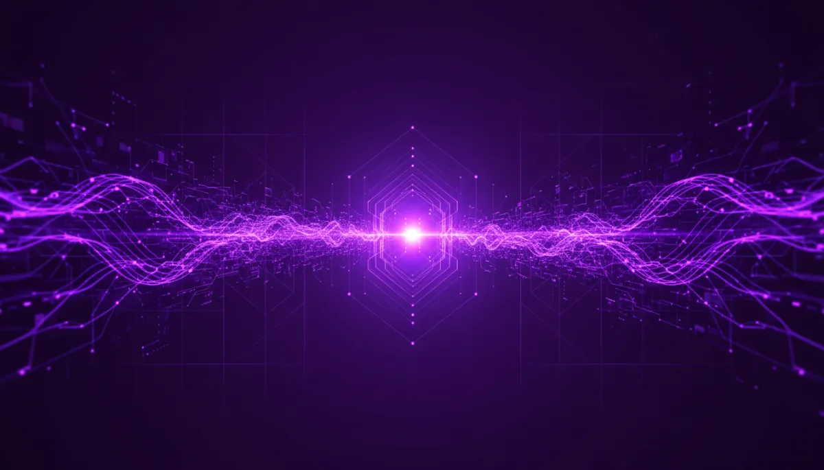 abstract, premium digital/tech/geometric/flow visuals in deep purple and electric violet, glowing neural network waves and data streams converging into a bright core, sleek futuristic grid background