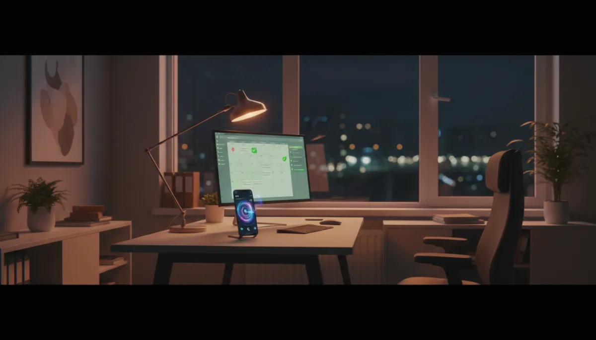 photorealistic wide shot of a small local business office at night, phone on desk glowing with an AI call interface while a calendar on a nearby monitor auto-fills with confirmed appointments, neutral color palette with soft cinematic lighting