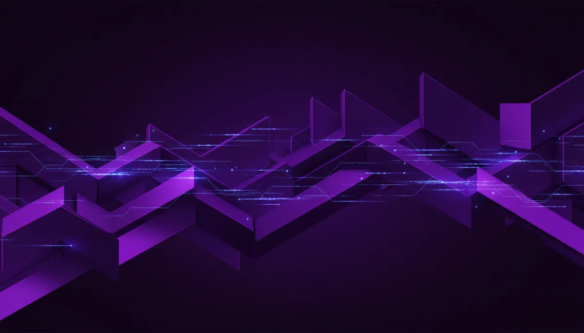 abstract deep purple and electric violet geometric AI flow visualization, glowing indigo data streams weaving through layered polygons, no humans, no text, premium abstract digital art