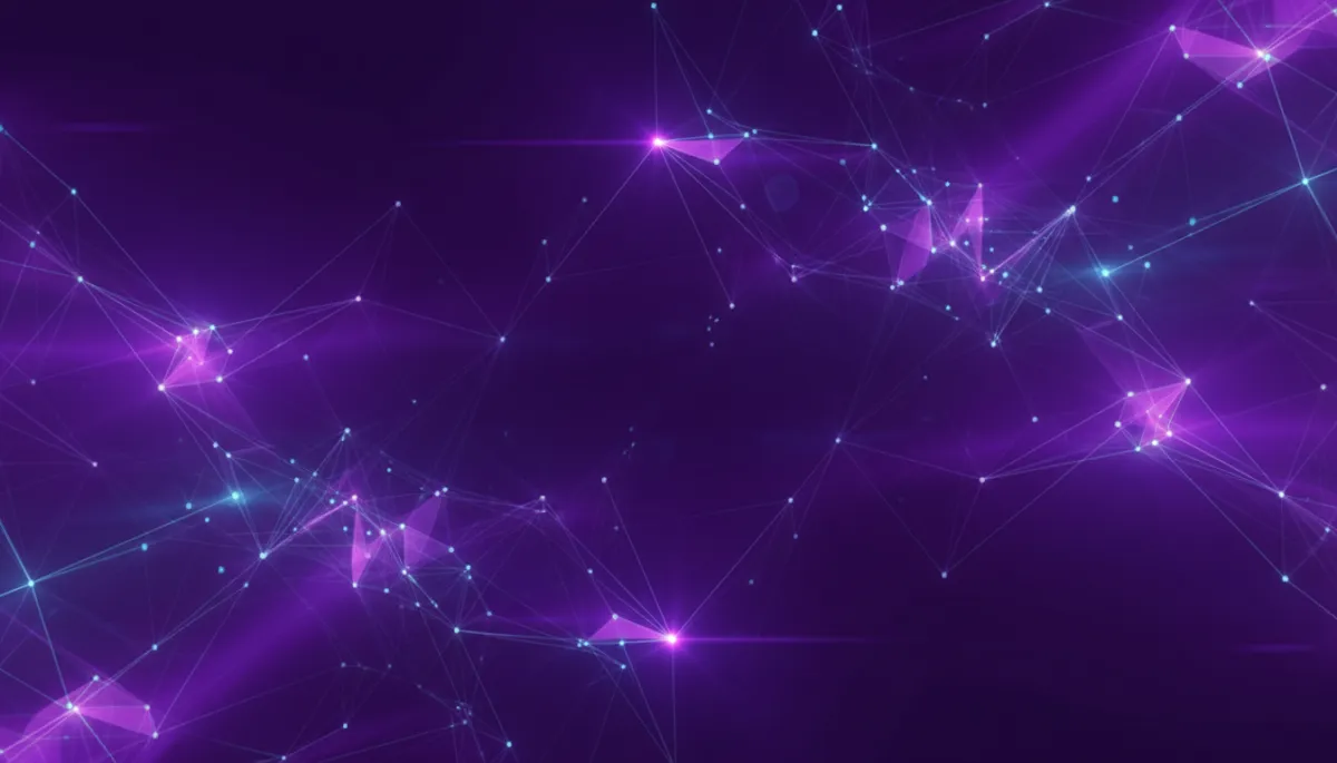 abstract digital geometric tech art in deep purple and electric violet indigo, flowing circuit-like patterns suggesting neural networks and data streams, cinematic lighting, 16:9 ratio, zero humans