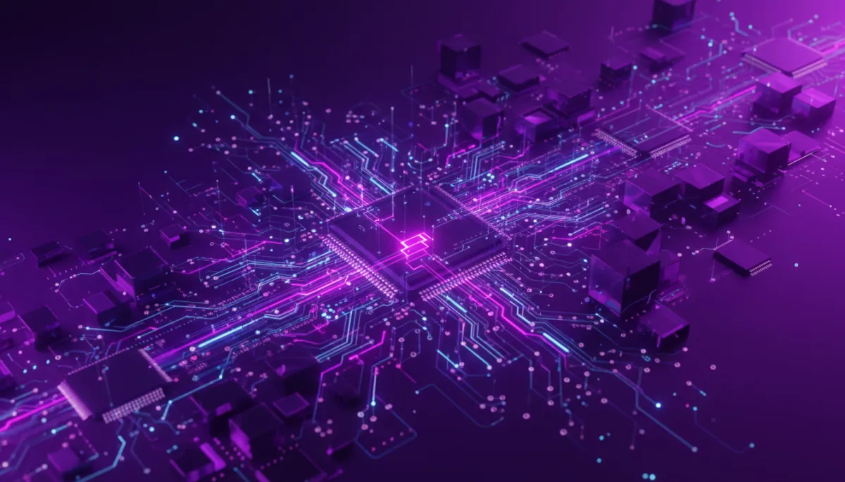 abstract geometric tech digital flow, deep purple and electric violet indigo palette, glowing circuit-like patterns and data streams, no humans, premium agency quality, cinematic feel
