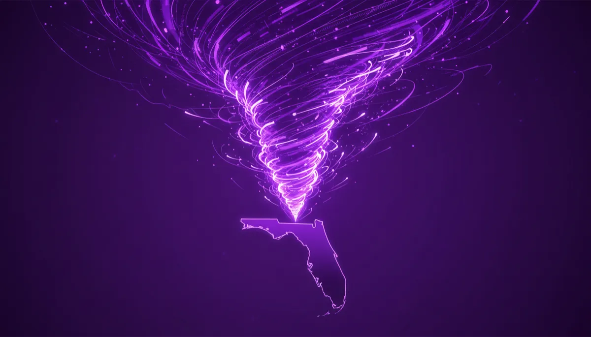 abstract 16:9 composition in deep purple and electric violet, glowing circuit-like patterns and flowing data streams forming a stormy vortex over a stylized Florida peninsula silhouette, no text, no humans