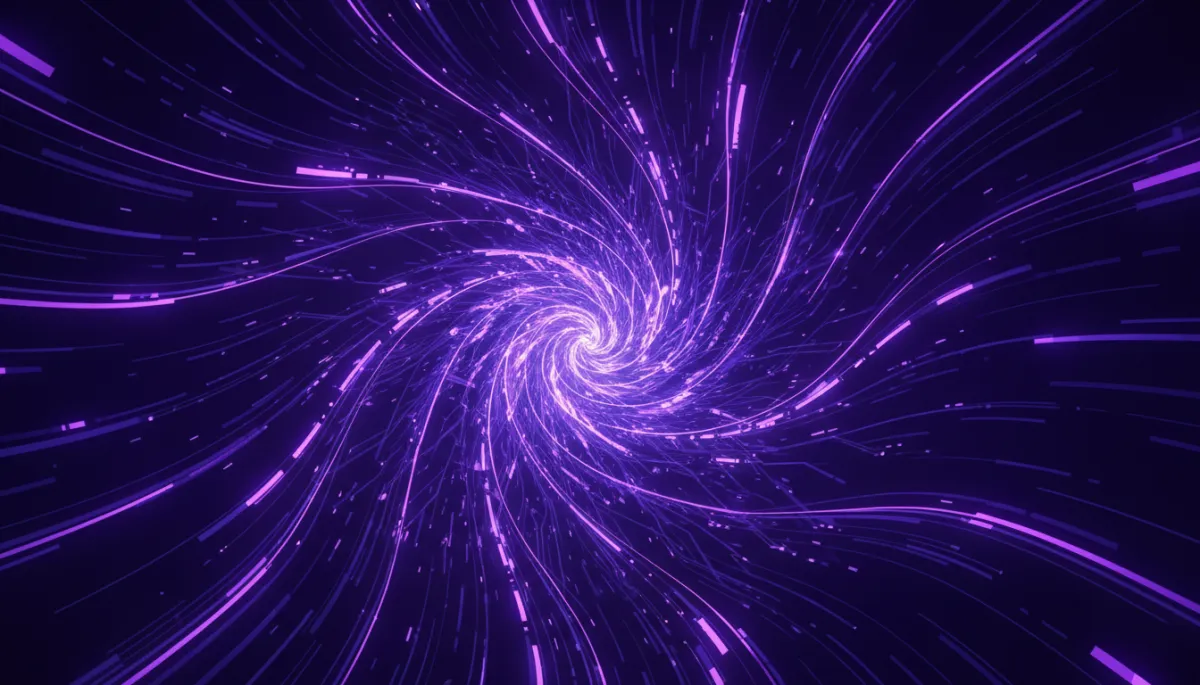 Abstract tech digital geometric flow visuals in deep purple and electric violet indigo, glowing data streams and circuit-like patterns converging into a sharp central vortex, premium agency-level illustration