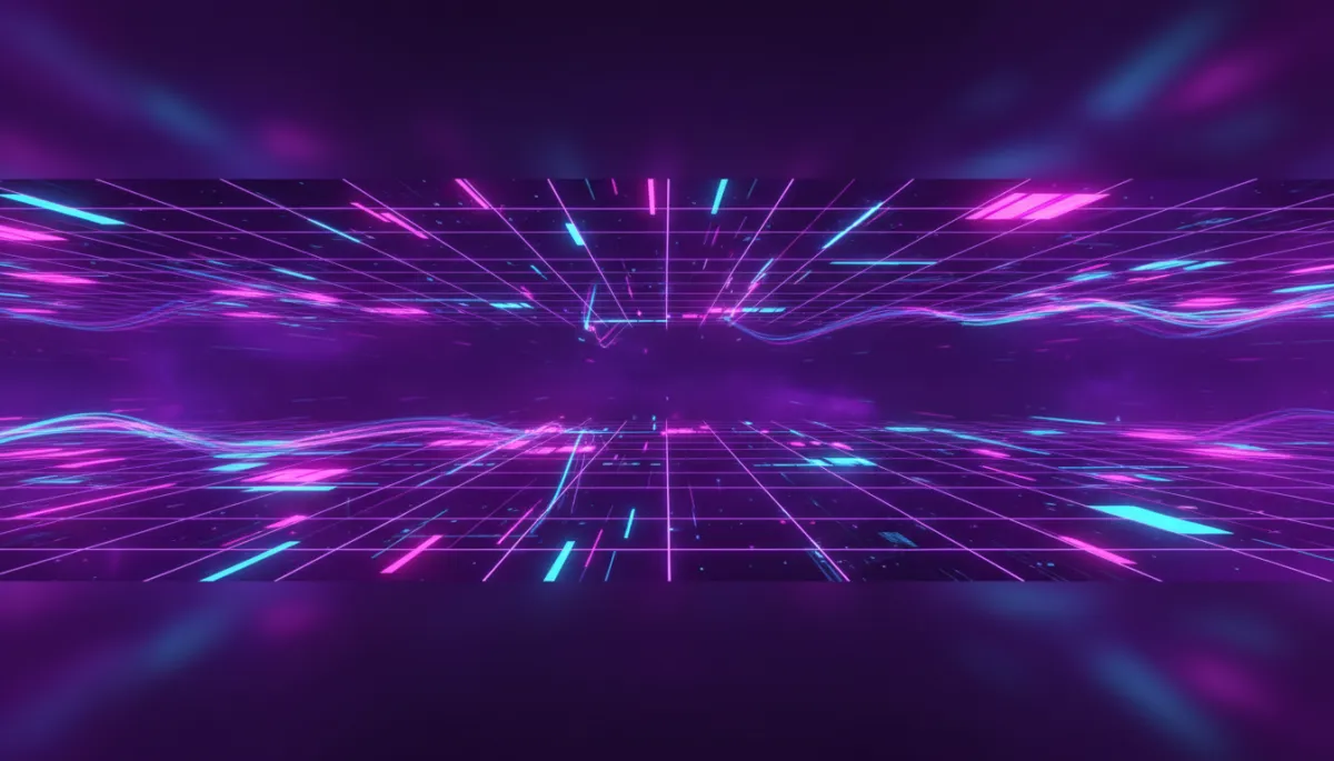 abstract digital/geometric/flow visualization in deep purple #4B0082 and electric violet/indigo #6610f2 #7B2FBE, glowing neon grid lines, flowing data streams, futuristic tech aesthetic, no humans, premium agency-level, 16:9 ratio