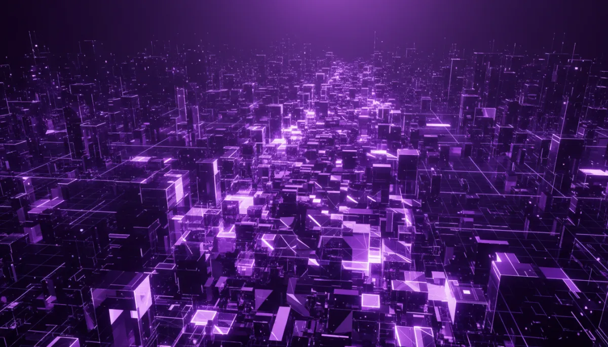 abstract, digital, tech, geometric, flow visuals showing a dynamic river of glowing geometric shapes and light trails in deep purple and electric violet, flowing forward like data through a futuristic city grid, premium agency style