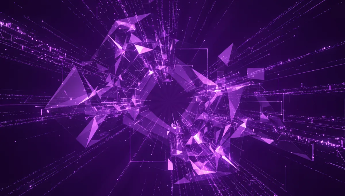 abstract digital/geometric tech visualization in deep purple (#2D0A6B) and electric violet/indigo (#7B2FBE, #4C1D95), flowing data streams and crystalline circuit-like shapes, premium agency style, no humans, no text