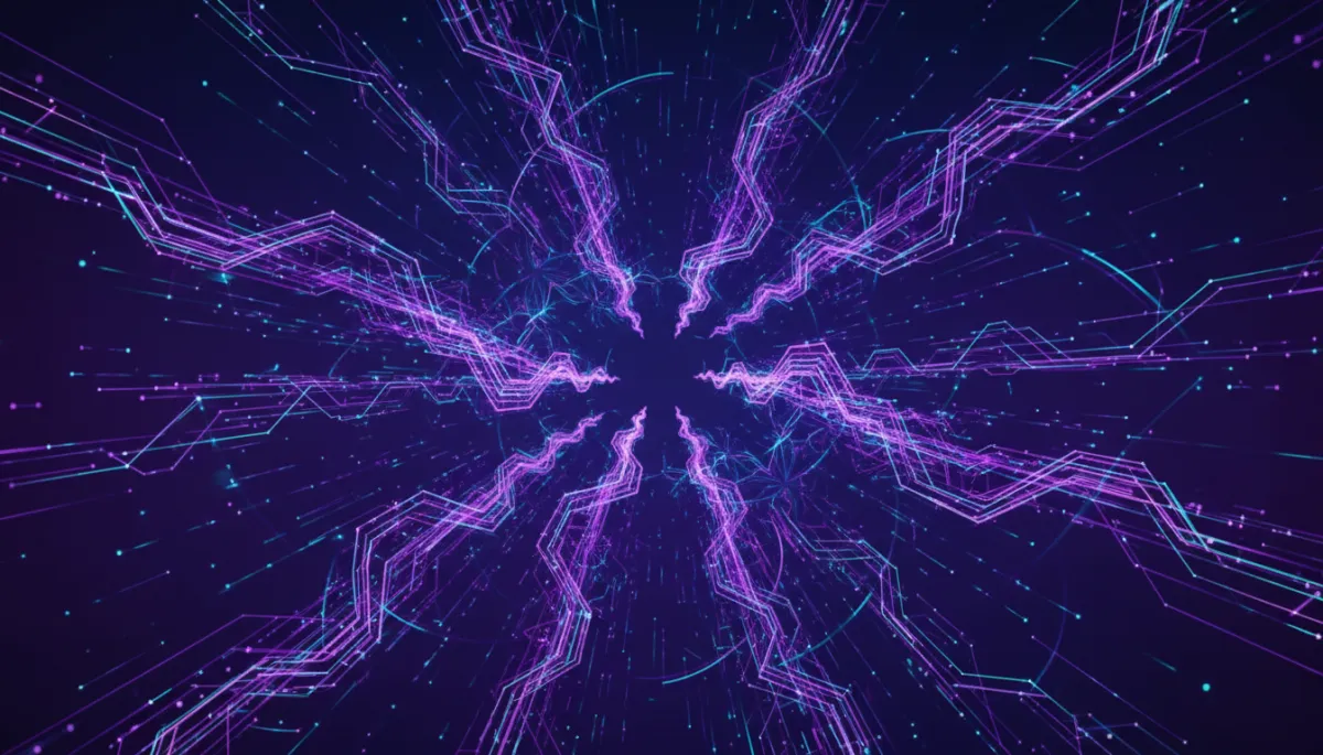 abstract technology/digital/geometric/flow visuals, abstract neural network nodes and glowing data streams in deep purple and electric indigo, fractal circuit pathways expanding outward, dark background, premium digital art