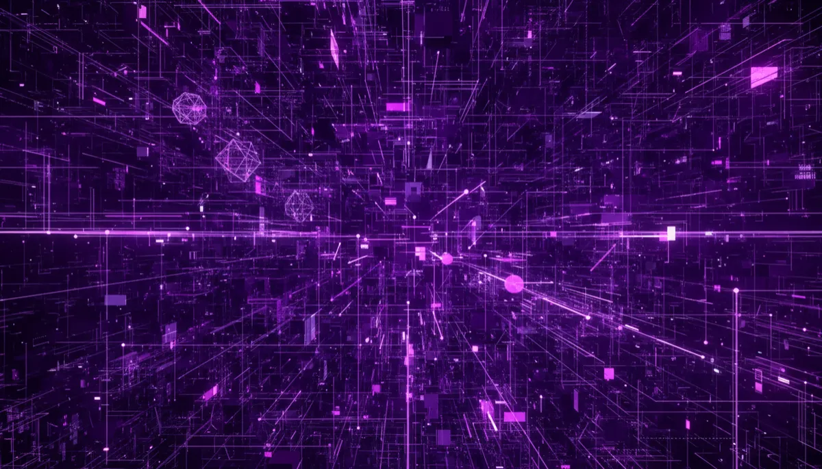 abstract digital/tech visualization with neural network nodes, flowing data streams and geometric grids in deep purple (#3B0764), electric violet (#7C3AED) and indigo (#4338CA), high-contrast luminous glow, no humans, abstract geometric composition