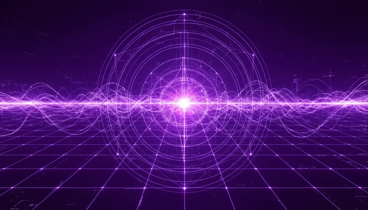 abstract, digital, geometric, data-flow, futuristic neural network aesthetics in deep purple and electric violet—glowing grid lines converging into a blazing central node, energy waves pulsing outward like a content distribution network