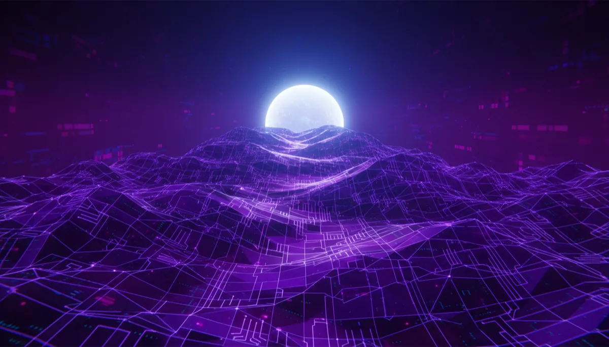 cinematic abstract tech landscape in deep purple and electric indigo, flowing geometric circuits forming a rising wave of data, glowing lines converging toward a single bright focal point in the distance