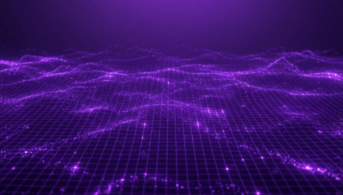 abstract deep purple and electric violet 16:9 composition, flowing AI data streams and glowing geometric neural nodes weaving through a dark digital grid, soft cinematic light bloom, no humans, no text, abstract tech aesthetic