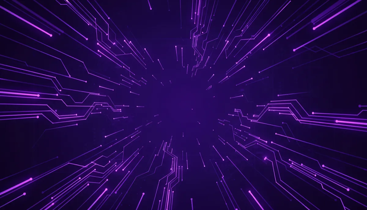 abstract tech visual with deep purple and electric violet/indigo geometric circuits and energy flows, sharp lines forming data pathways, no humans