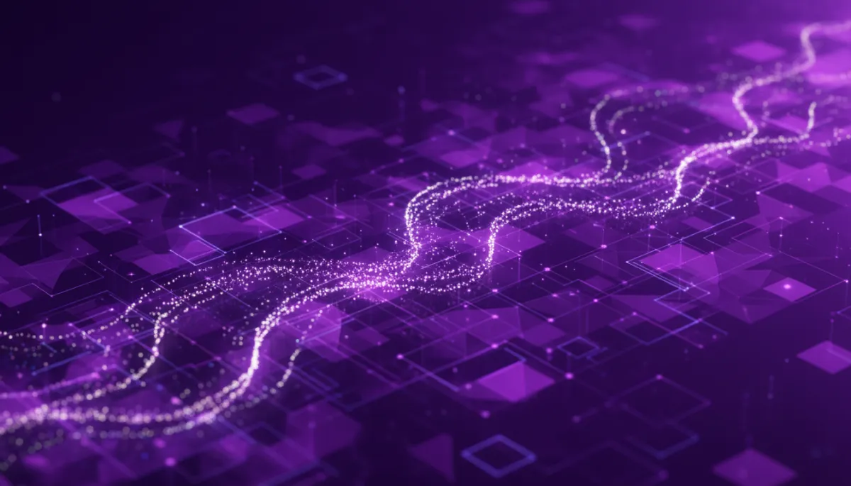 abstract, ultra-premium digital/geometric/tech flow visual with deep purple (#4B0082, #6A0DAD) and electric violet/indigo (#7B2FBE, #4F46E5, #6366F1); glowing data streams weaving through geometric lattices and circuit-like patterns, cinematic depth, no humans