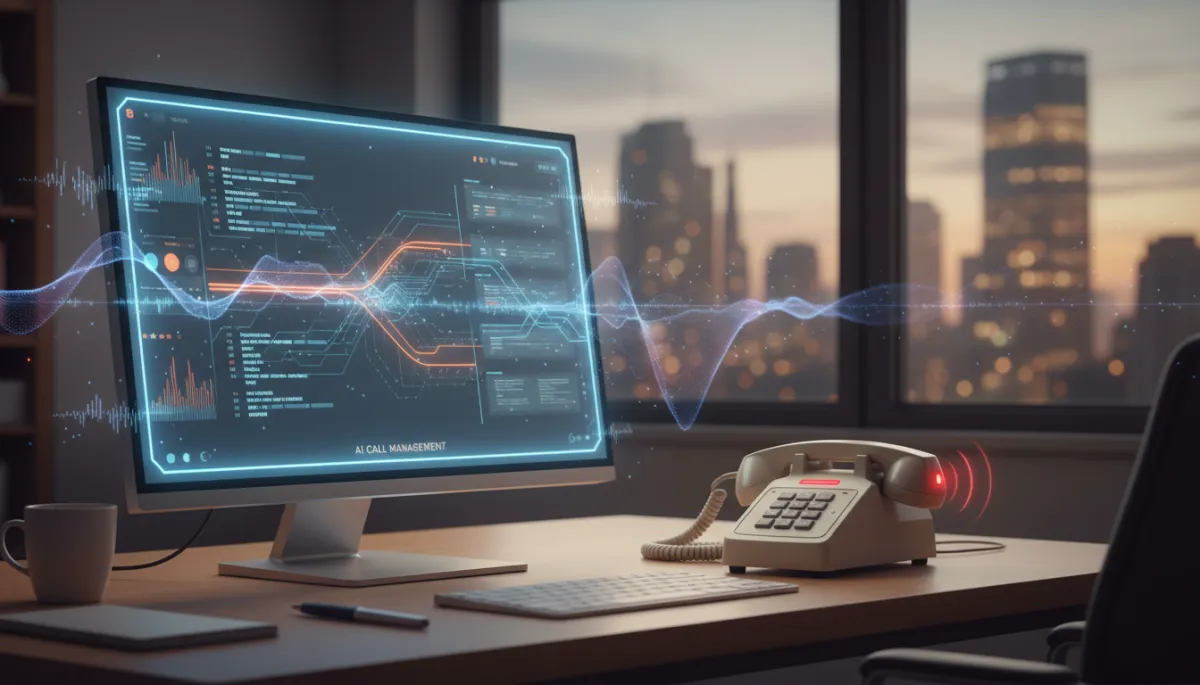 photorealistic neutral-toned scene of a glowing AI call management dashboard on a desk beside a ringing office phone, soft evening lighting, subtle digital sound-wave overlays